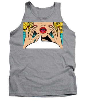 Sexy surprised blonde pop art woman with open mouth and rising hands screaming announcement. Vector background in comic retro pop art style. Party invitation. - Tank Top