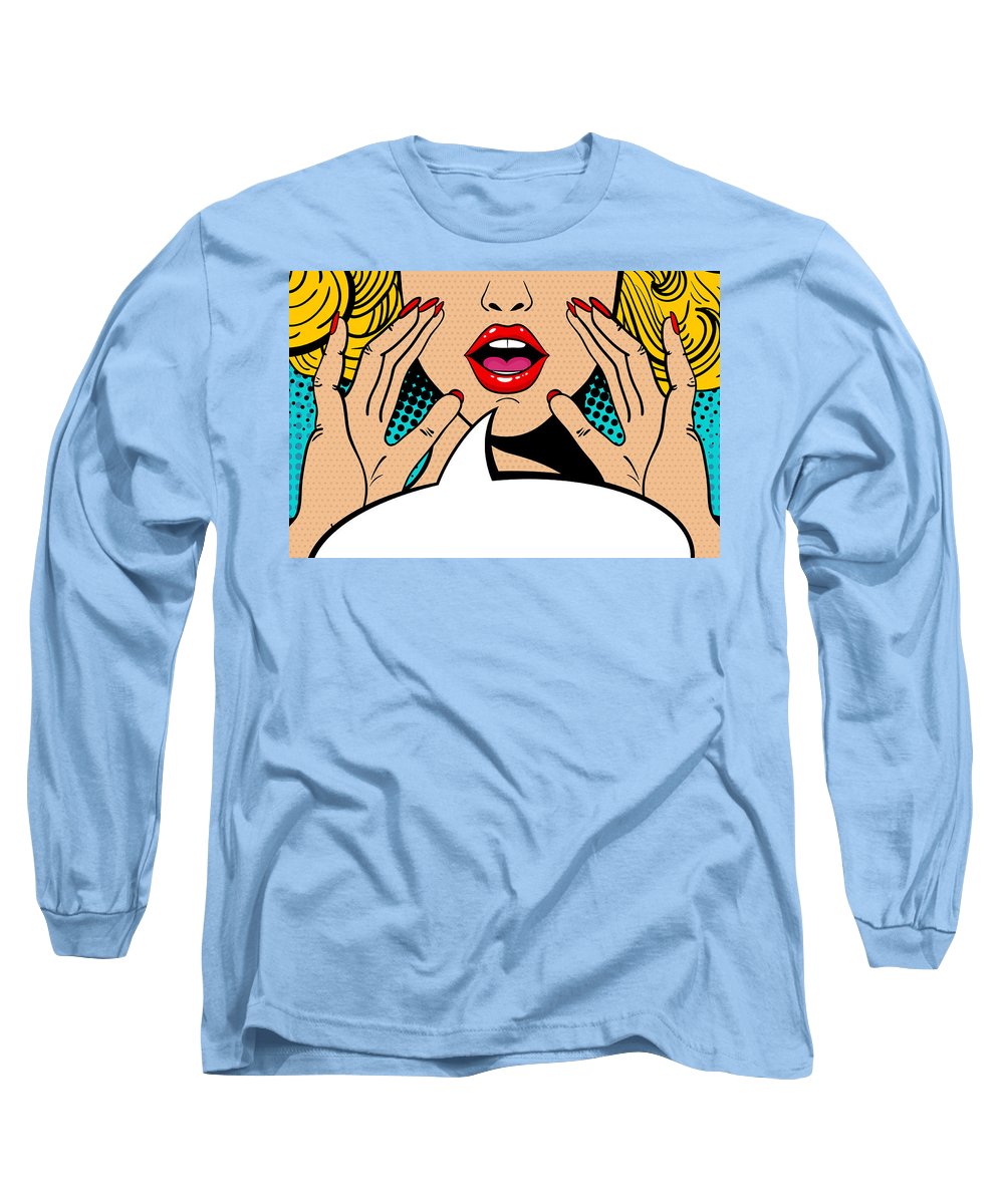Sexy surprised blonde pop art woman with open mouth and rising hands screaming announcement. Vector background in comic retro pop art style. Party invitation. - Long Sleeve T-Shirt