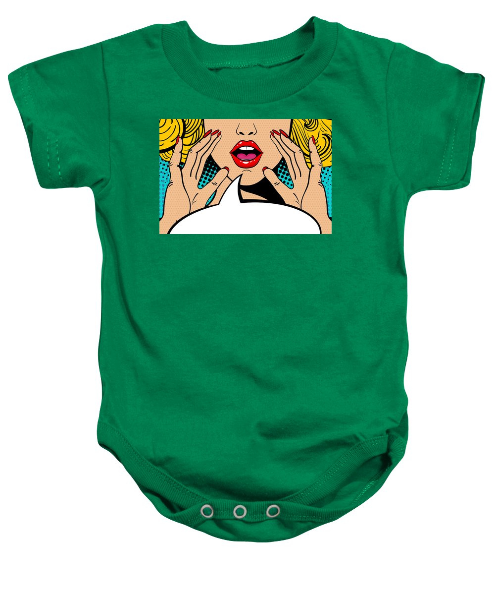 Sexy surprised blonde pop art woman with open mouth and rising hands screaming announcement. Vector background in comic retro pop art style. Party invitation. - Baby Onesie