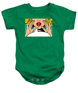 Sexy surprised blonde pop art woman with open mouth and rising hands screaming announcement. Vector background in comic retro pop art style. Party invitation. - Baby Onesie