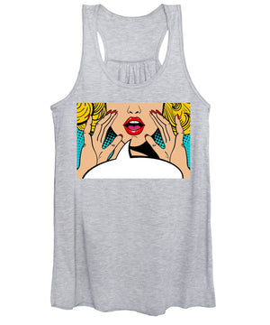 Sexy surprised blonde pop art woman with open mouth and rising hands screaming announcement. Vector background in comic retro pop art style. Party invitation. - Women's Tank Top