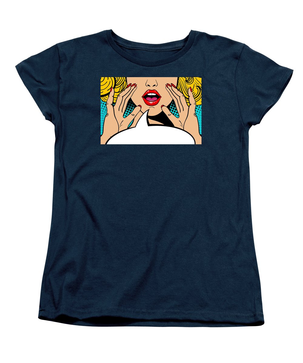 Sexy surprised blonde pop art woman with open mouth and rising hands screaming announcement. Vector background in comic retro pop art style. Party invitation. - Women's T-Shirt (Standard Fit)