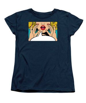 Sexy surprised blonde pop art woman with open mouth and rising hands screaming announcement. Vector background in comic retro pop art style. Party invitation. - Women's T-Shirt (Standard Fit)