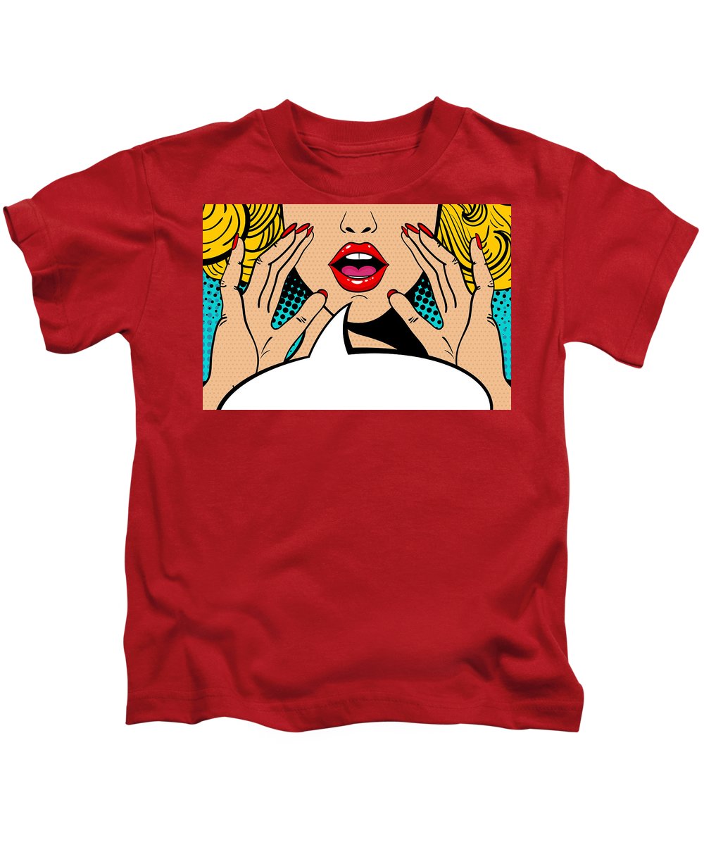 Sexy surprised blonde pop art woman with open mouth and rising hands screaming announcement. Vector background in comic retro pop art style. Party invitation. - Kids T-Shirt