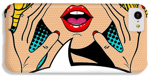 Sexy surprised blonde pop art woman with open mouth and rising hands screaming announcement. Vector background in comic retro pop art style. Party invitation. - Phone Case