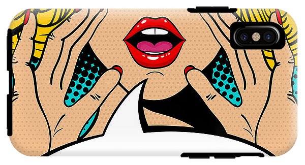 Sexy surprised blonde pop art woman with open mouth and rising hands screaming announcement. Vector background in comic retro pop art style. Party invitation. - Phone Case