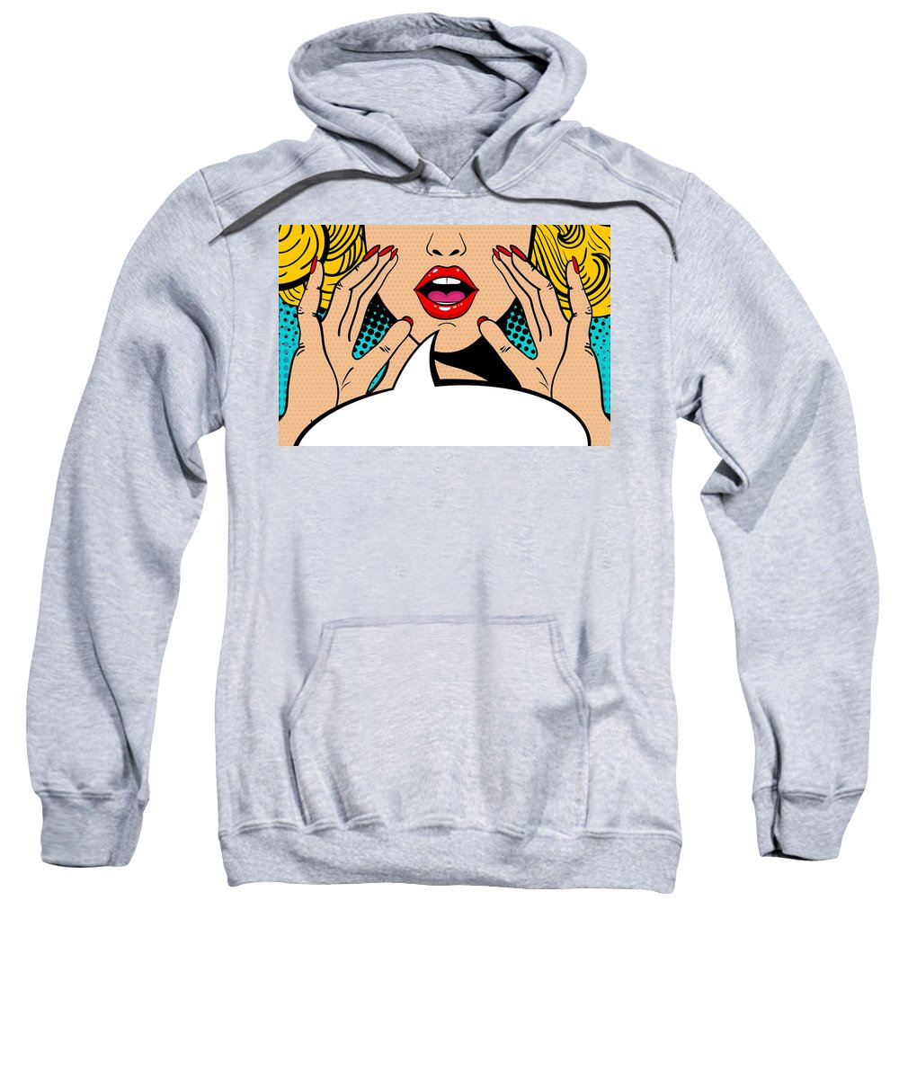 Sexy surprised blonde pop art woman with open mouth and rising hands screaming announcement. Vector background in comic retro pop art style. Party invitation. - Sweatshirt
