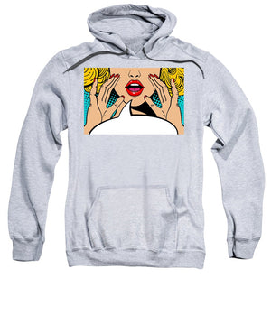 Sexy surprised blonde pop art woman with open mouth and rising hands screaming announcement. Vector background in comic retro pop art style. Party invitation. - Sweatshirt