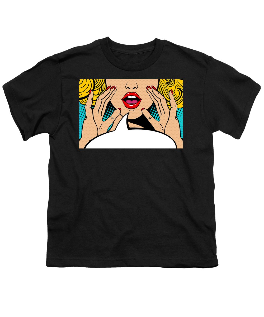 Sexy surprised blonde pop art woman with open mouth and rising hands screaming announcement. Vector background in comic retro pop art style. Party invitation. - Youth T-Shirt