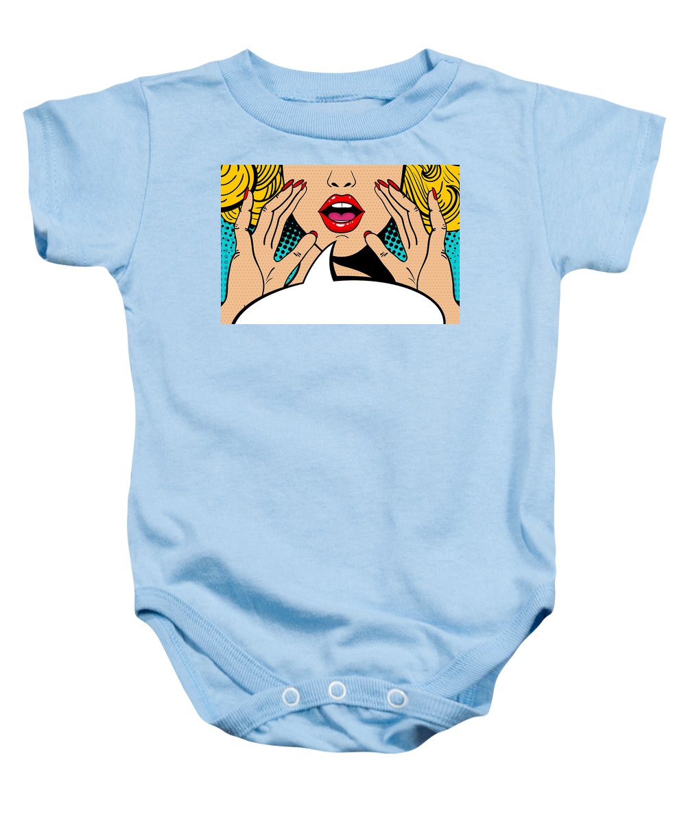 Sexy surprised blonde pop art woman with open mouth and rising hands screaming announcement. Vector background in comic retro pop art style. Party invitation. - Baby Onesie