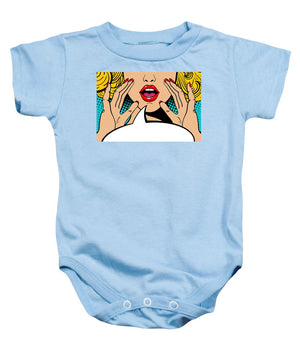 Sexy surprised blonde pop art woman with open mouth and rising hands screaming announcement. Vector background in comic retro pop art style. Party invitation. - Baby Onesie