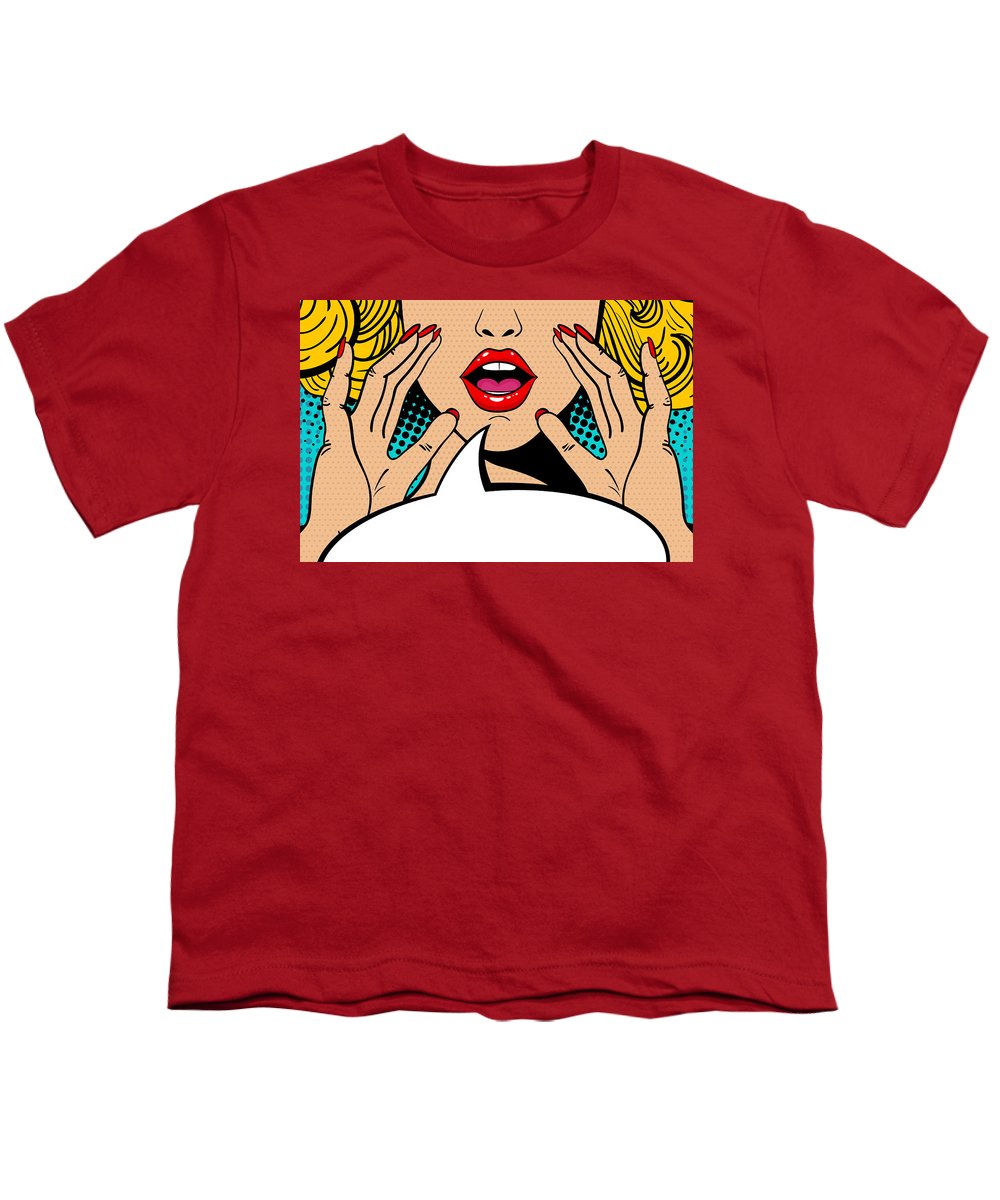 Sexy surprised blonde pop art woman with open mouth and rising hands screaming announcement. Vector background in comic retro pop art style. Party invitation. - Youth T-Shirt