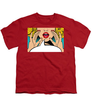Sexy surprised blonde pop art woman with open mouth and rising hands screaming announcement. Vector background in comic retro pop art style. Party invitation. - Youth T-Shirt