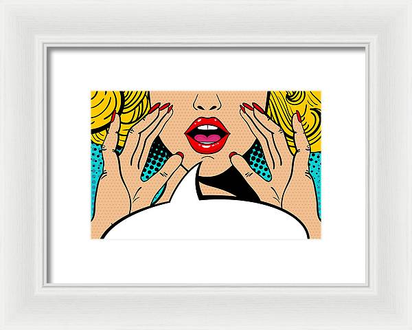 Sexy surprised blonde pop art woman with open mouth and rising hands screaming announcement. Vector background in comic retro pop art style. Party invitation. - Framed Print