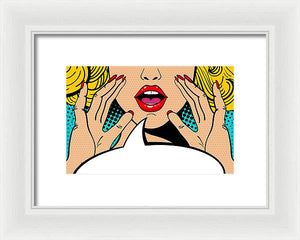 Sexy surprised blonde pop art woman with open mouth and rising hands screaming announcement. Vector background in comic retro pop art style. Party invitation. - Framed Print