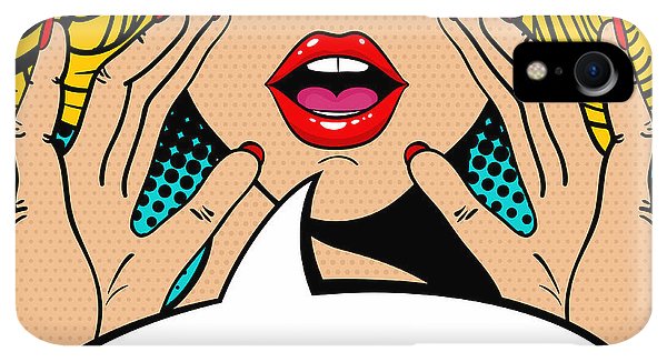Sexy surprised blonde pop art woman with open mouth and rising hands screaming announcement. Vector background in comic retro pop art style. Party invitation. - Phone Case