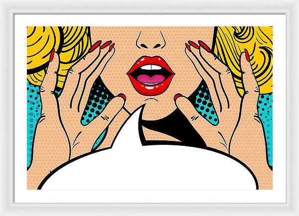 Sexy surprised blonde pop art woman with open mouth and rising hands screaming announcement. Vector background in comic retro pop art style. Party invitation. - Framed Print