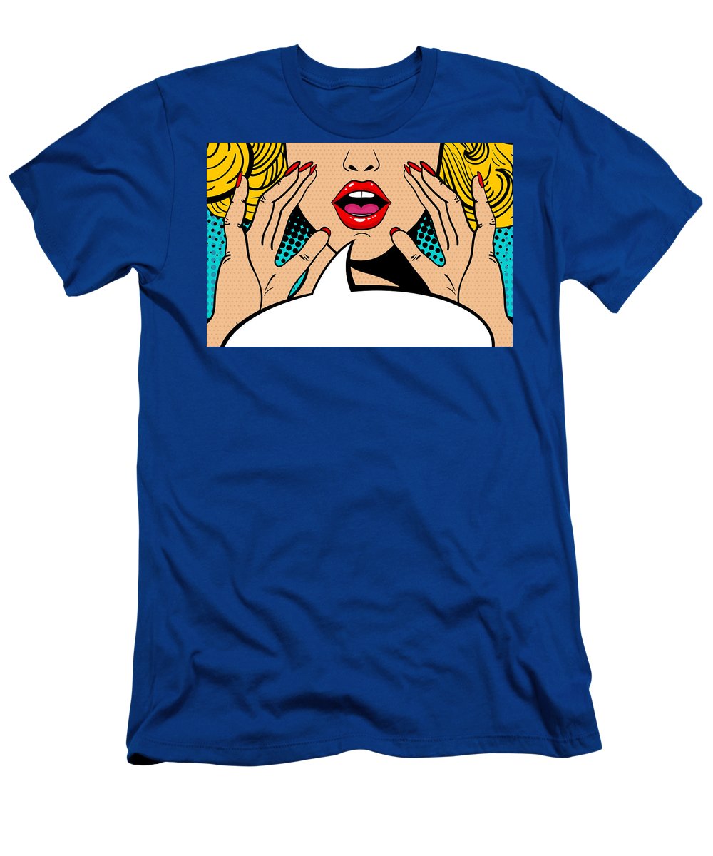 Sexy surprised blonde pop art woman with open mouth and rising hands screaming announcement. Vector background in comic retro pop art style. Party invitation. - T-Shirt