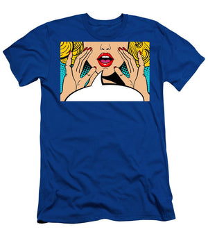 Sexy surprised blonde pop art woman with open mouth and rising hands screaming announcement. Vector background in comic retro pop art style. Party invitation. - T-Shirt