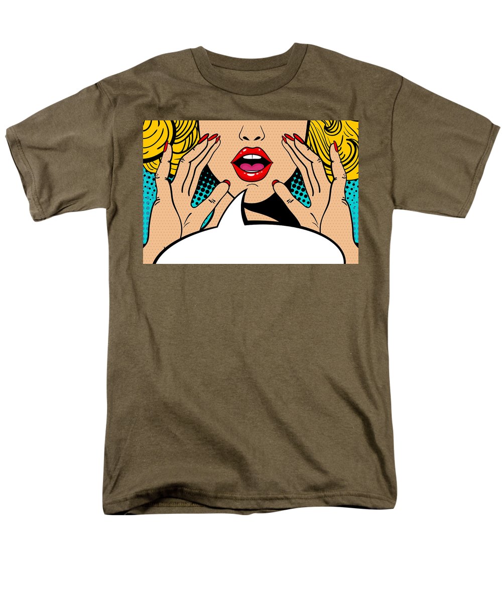 Sexy surprised blonde pop art woman with open mouth and rising hands screaming announcement. Vector background in comic retro pop art style. Party invitation. - Men's T-Shirt  (Regular Fit)