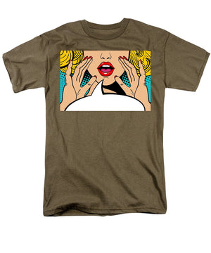 Sexy surprised blonde pop art woman with open mouth and rising hands screaming announcement. Vector background in comic retro pop art style. Party invitation. - Men's T-Shirt  (Regular Fit)