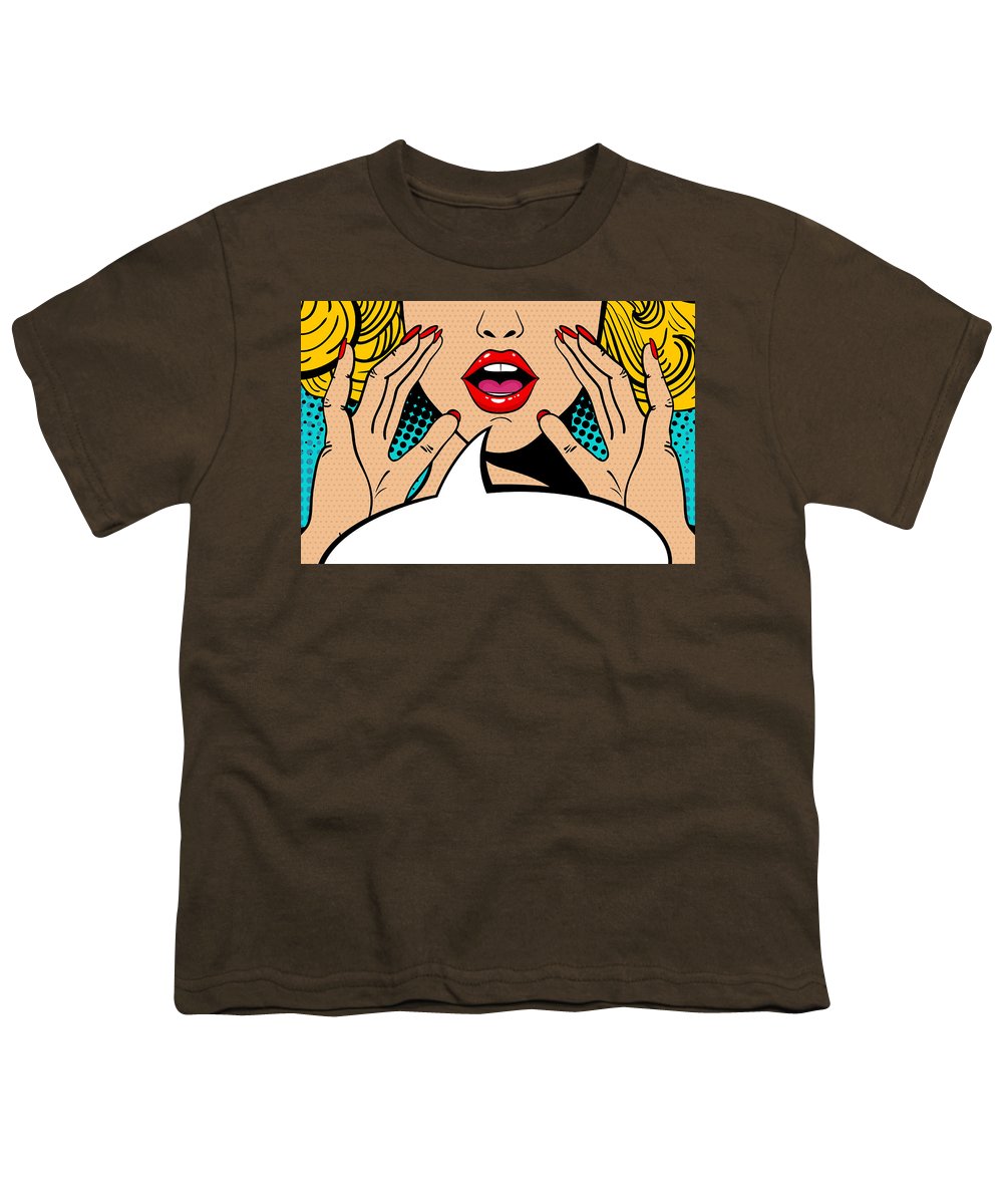 Sexy surprised blonde pop art woman with open mouth and rising hands screaming announcement. Vector background in comic retro pop art style. Party invitation. - Youth T-Shirt