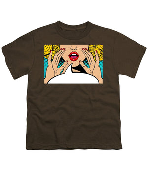Sexy surprised blonde pop art woman with open mouth and rising hands screaming announcement. Vector background in comic retro pop art style. Party invitation. - Youth T-Shirt