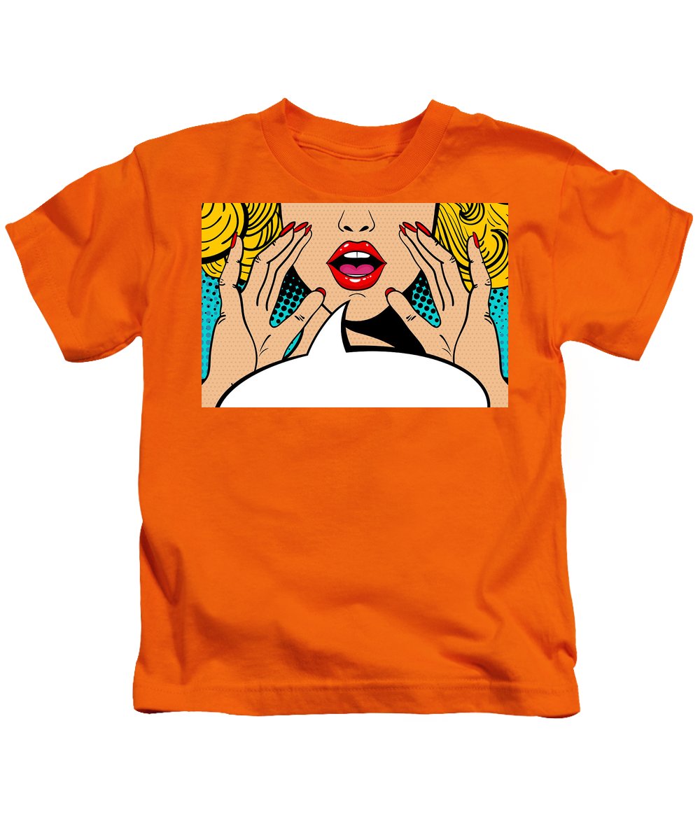 Sexy surprised blonde pop art woman with open mouth and rising hands screaming announcement. Vector background in comic retro pop art style. Party invitation. - Kids T-Shirt