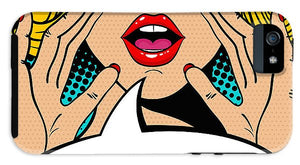 Sexy surprised blonde pop art woman with open mouth and rising hands screaming announcement. Vector background in comic retro pop art style. Party invitation. - Phone Case