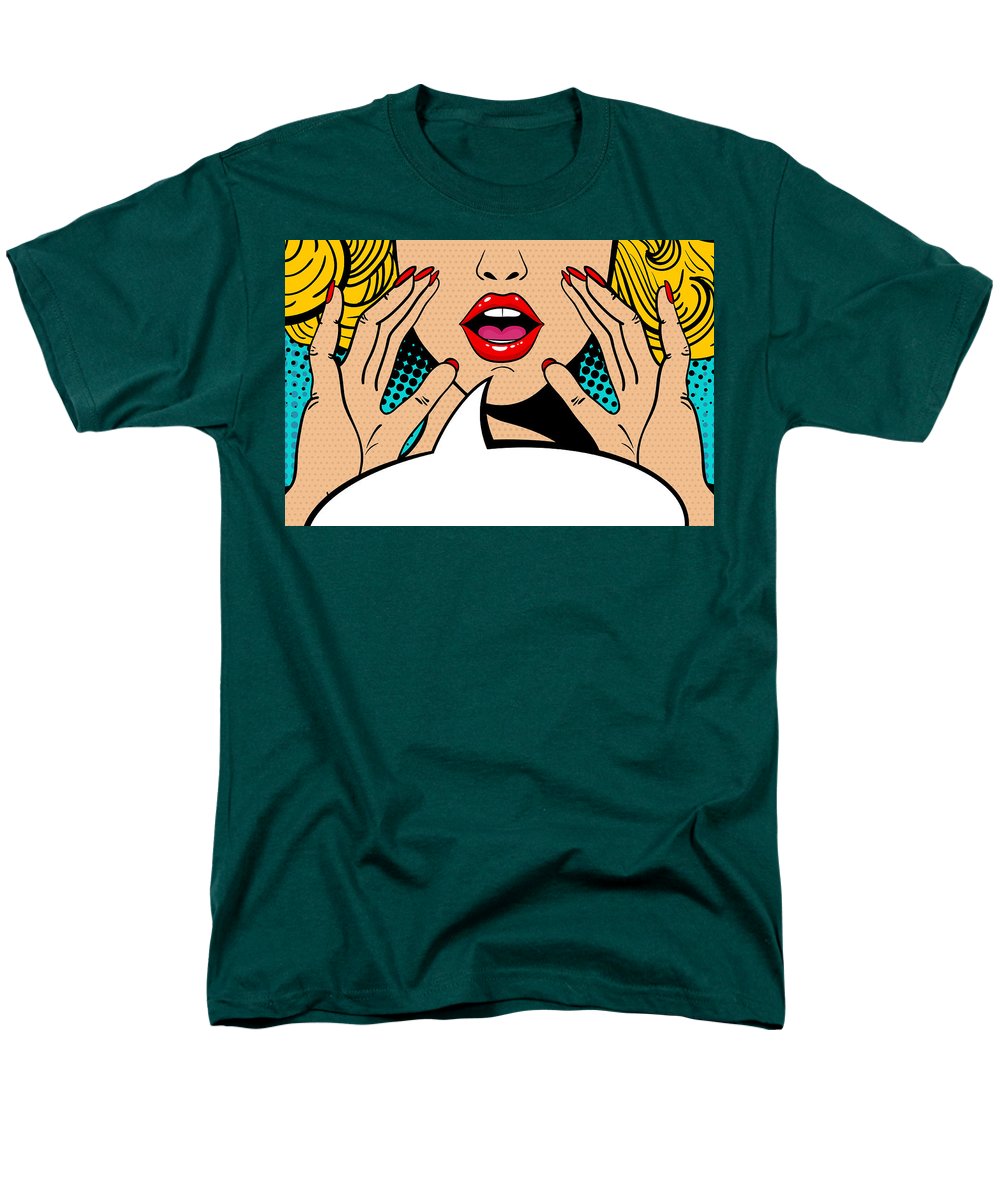 Sexy surprised blonde pop art woman with open mouth and rising hands screaming announcement. Vector background in comic retro pop art style. Party invitation. - Men's T-Shirt  (Regular Fit)