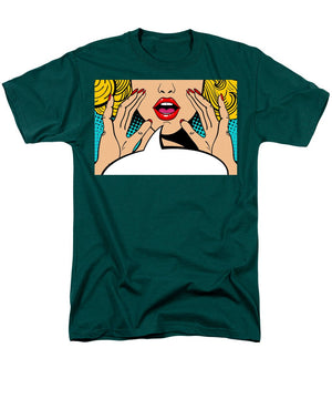 Sexy surprised blonde pop art woman with open mouth and rising hands screaming announcement. Vector background in comic retro pop art style. Party invitation. - Men's T-Shirt  (Regular Fit)