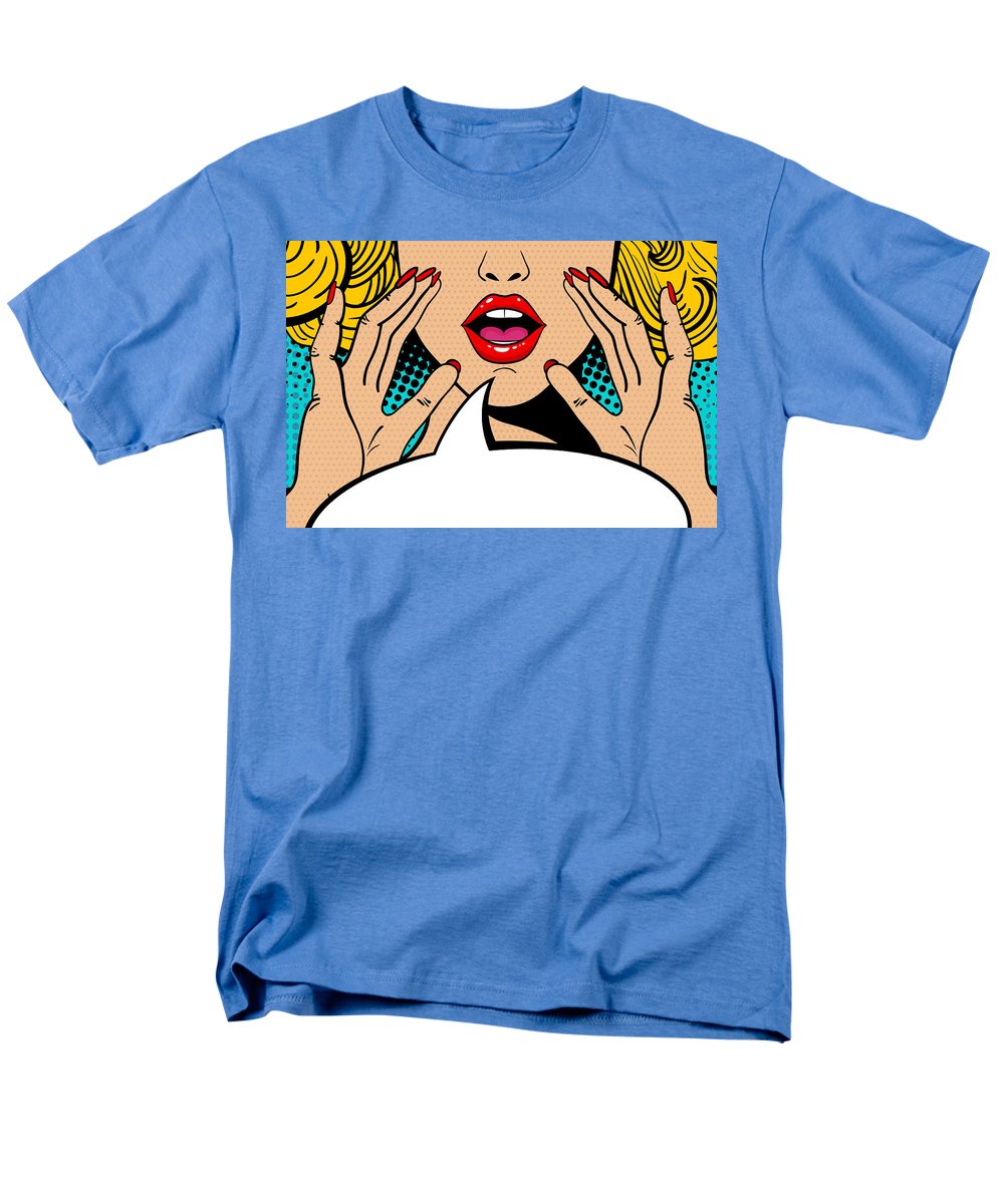 Sexy surprised blonde pop art woman with open mouth and rising hands screaming announcement. Vector background in comic retro pop art style. Party invitation. - Men's T-Shirt  (Regular Fit)