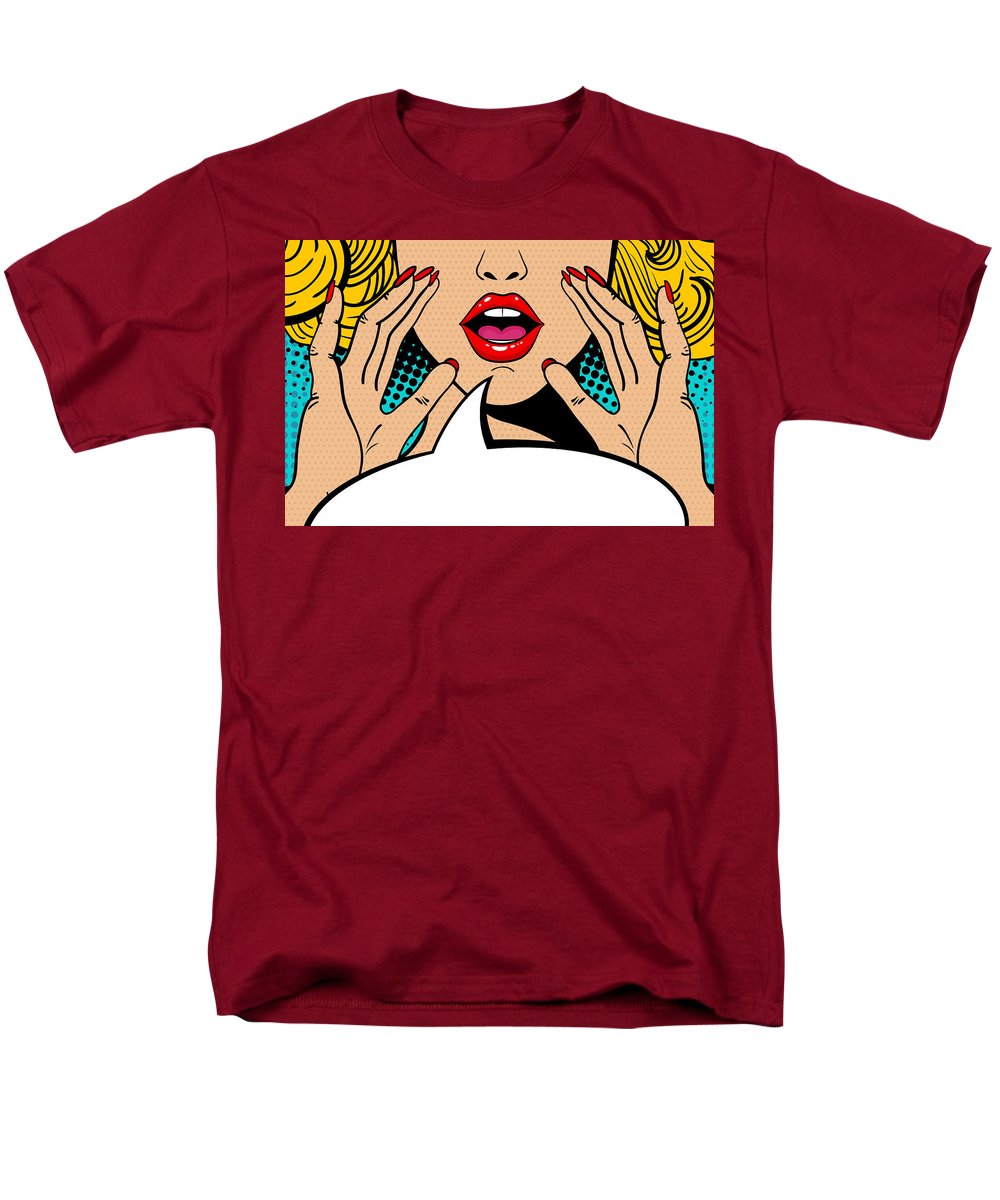 Sexy surprised blonde pop art woman with open mouth and rising hands screaming announcement. Vector background in comic retro pop art style. Party invitation. - Men's T-Shirt  (Regular Fit)