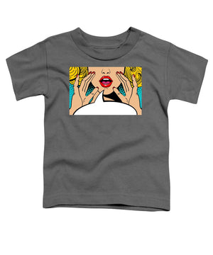 Sexy surprised blonde pop art woman with open mouth and rising hands screaming announcement. Vector background in comic retro pop art style. Party invitation. - Toddler T-Shirt