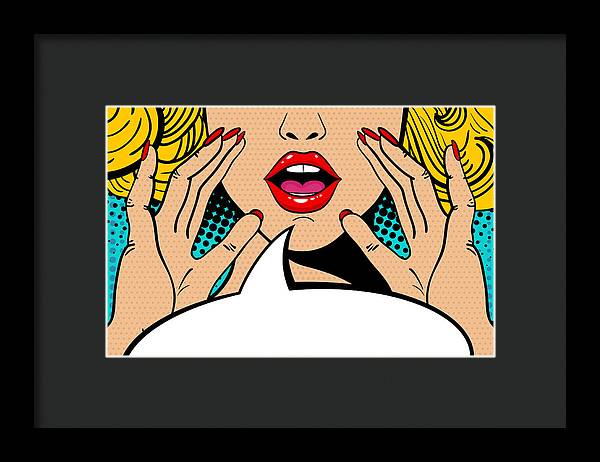 Sexy surprised blonde pop art woman with open mouth and rising hands screaming announcement. Vector background in comic retro pop art style. Party invitation. - Framed Print