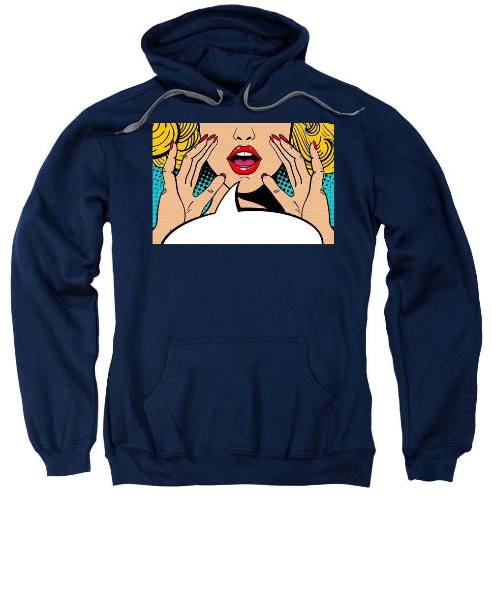 Sexy surprised blonde pop art woman with open mouth and rising hands screaming announcement. Vector background in comic retro pop art style. Party invitation. - Sweatshirt