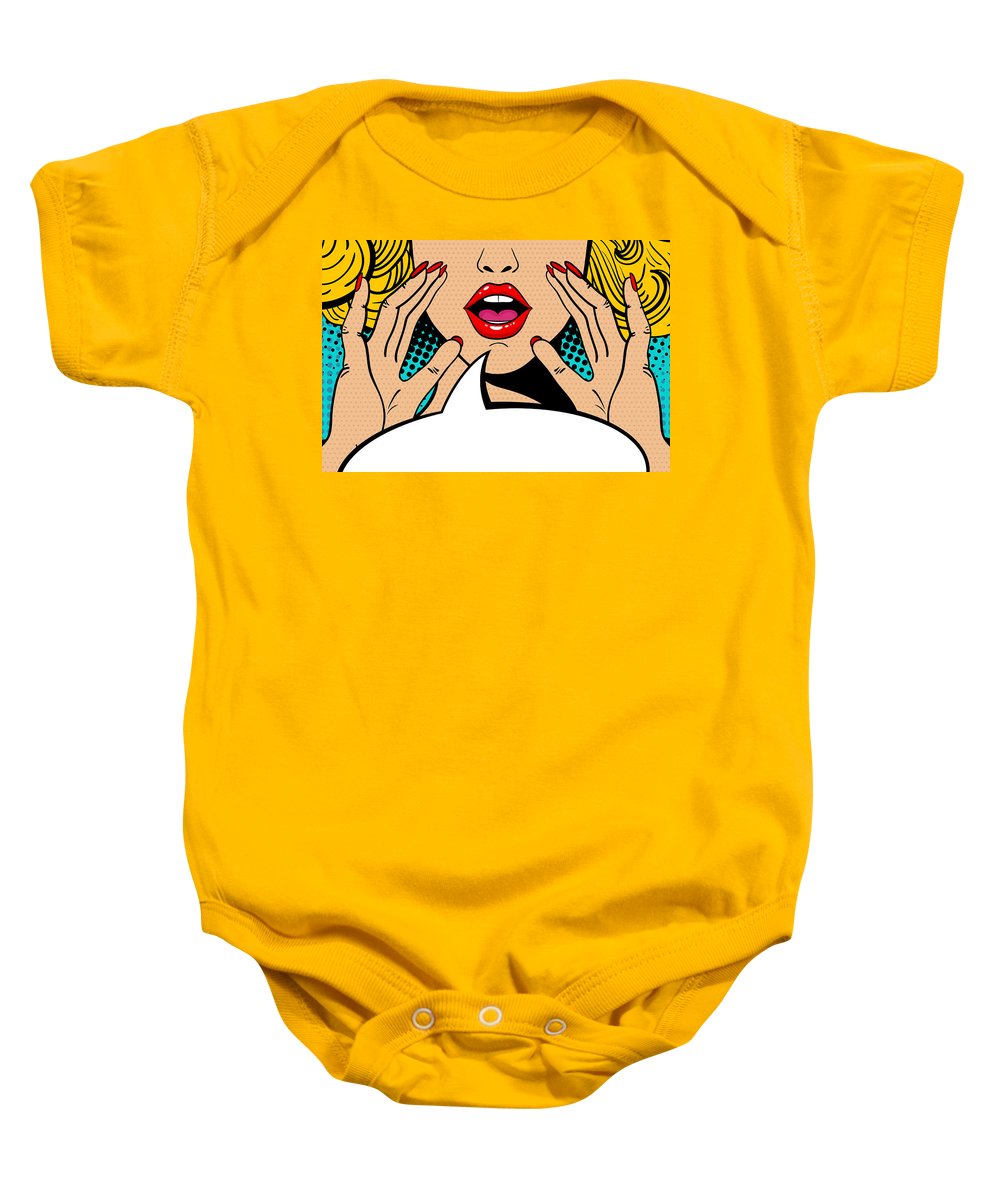 Sexy surprised blonde pop art woman with open mouth and rising hands screaming announcement. Vector background in comic retro pop art style. Party invitation. - Baby Onesie