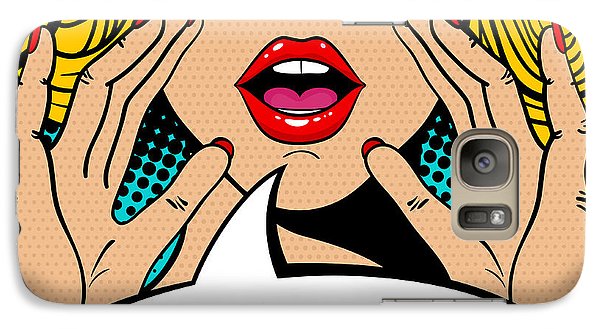 Sexy surprised blonde pop art woman with open mouth and rising hands screaming announcement. Vector background in comic retro pop art style. Party invitation. - Phone Case