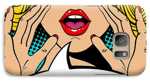 Sexy surprised blonde pop art woman with open mouth and rising hands screaming announcement. Vector background in comic retro pop art style. Party invitation. - Phone Case