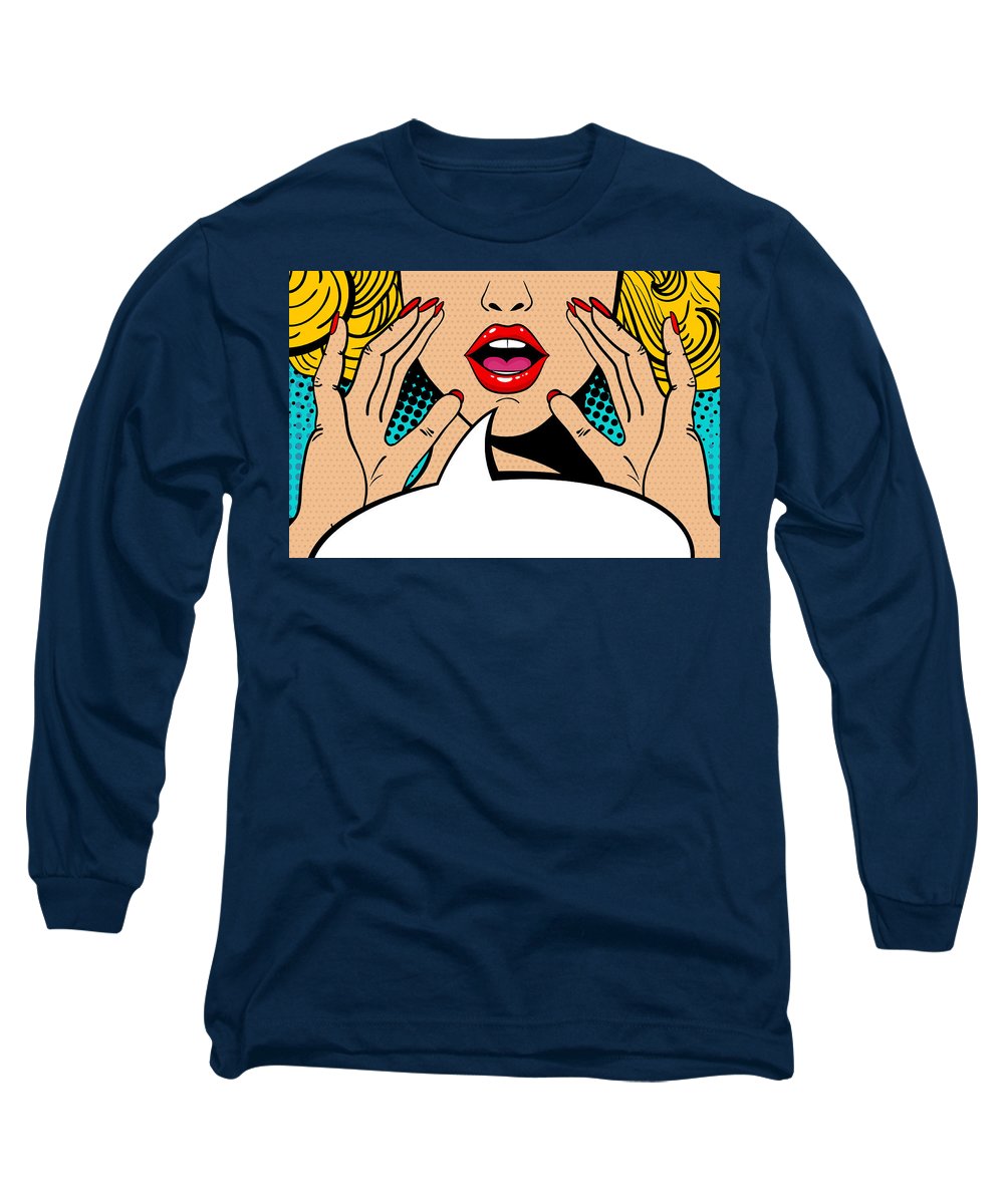 Sexy surprised blonde pop art woman with open mouth and rising hands screaming announcement. Vector background in comic retro pop art style. Party invitation. - Long Sleeve T-Shirt