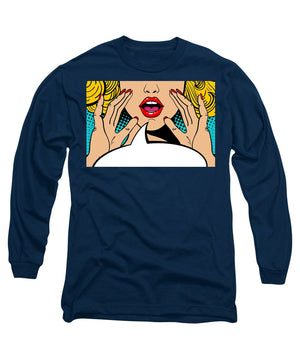 Sexy surprised blonde pop art woman with open mouth and rising hands screaming announcement. Vector background in comic retro pop art style. Party invitation. - Long Sleeve T-Shirt