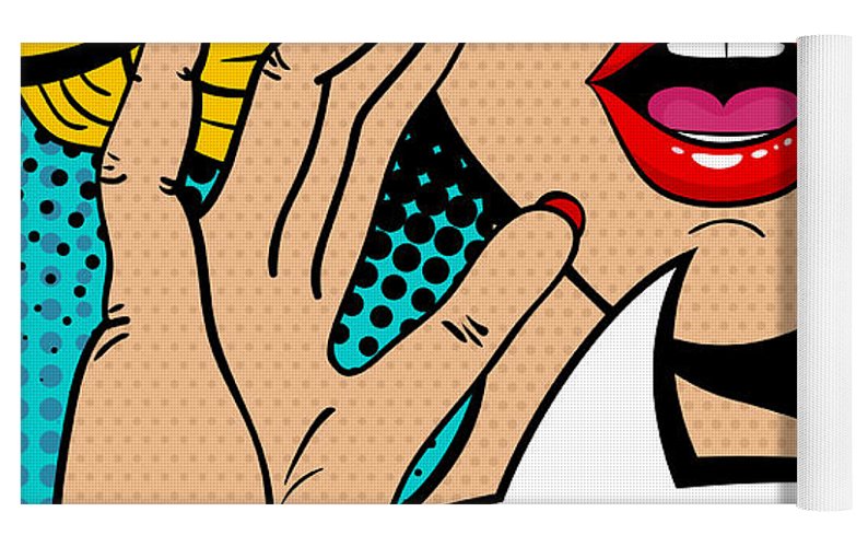 Sexy surprised blonde pop art woman with open mouth and rising hands screaming announcement. Vector background in comic retro pop art style. Party invitation. - Yoga Mat