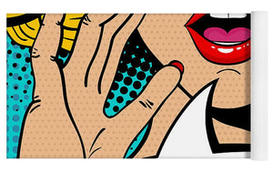 Sexy surprised blonde pop art woman with open mouth and rising hands screaming announcement. Vector background in comic retro pop art style. Party invitation. - Yoga Mat