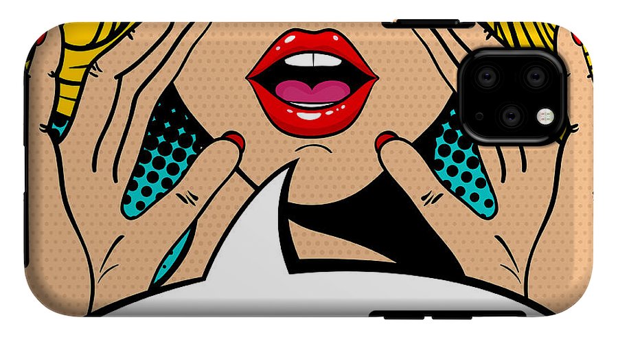 Sexy surprised blonde pop art woman with open mouth and rising hands screaming announcement. Vector background in comic retro pop art style. Party invitation. - Phone Case