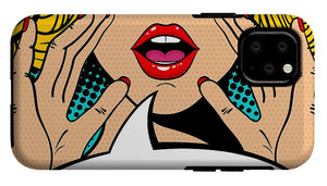 Sexy surprised blonde pop art woman with open mouth and rising hands screaming announcement. Vector background in comic retro pop art style. Party invitation. - Phone Case