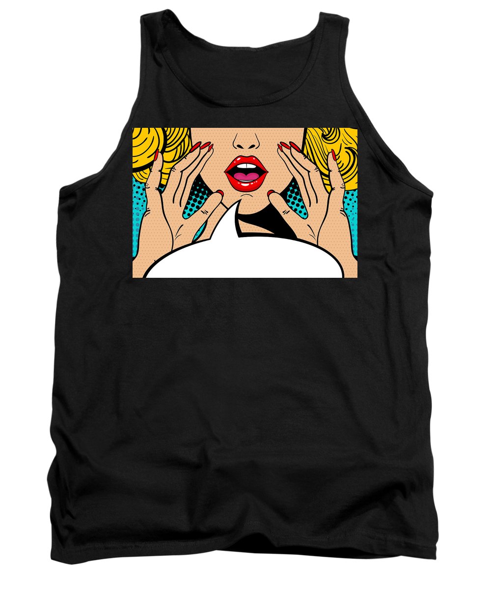 Sexy surprised blonde pop art woman with open mouth and rising hands screaming announcement. Vector background in comic retro pop art style. Party invitation. - Tank Top