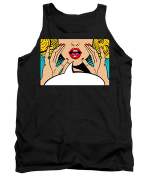 Sexy surprised blonde pop art woman with open mouth and rising hands screaming announcement. Vector background in comic retro pop art style. Party invitation. - Tank Top