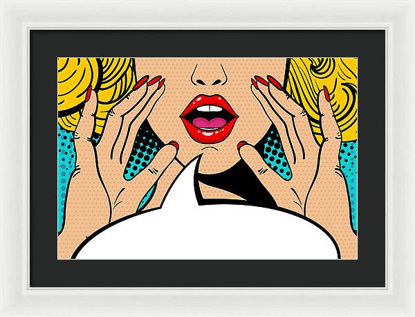 Sexy surprised blonde pop art woman with open mouth and rising hands screaming announcement. Vector background in comic retro pop art style. Party invitation. - Framed Print
