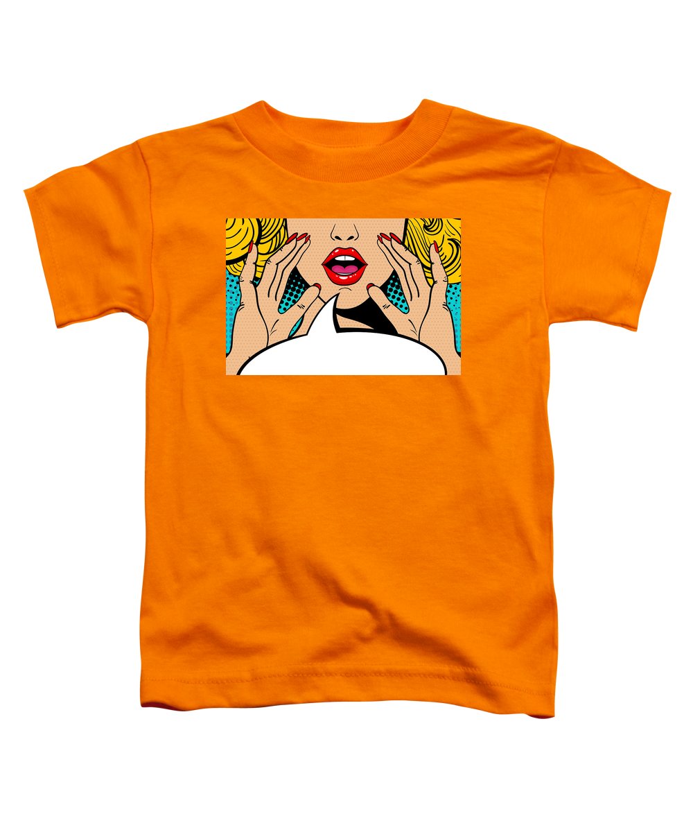Sexy surprised blonde pop art woman with open mouth and rising hands screaming announcement. Vector background in comic retro pop art style. Party invitation. - Toddler T-Shirt
