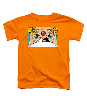 Sexy surprised blonde pop art woman with open mouth and rising hands screaming announcement. Vector background in comic retro pop art style. Party invitation. - Toddler T-Shirt